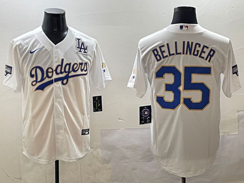 Men Los Angeles Dodgers 35 Bellinger White Gold Game 2025 Nike MLB Jersey style 9